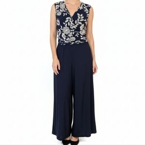 Nina‎ Leonard Faux Wrap Jumpsuit Women's Medium Embroidered Textured